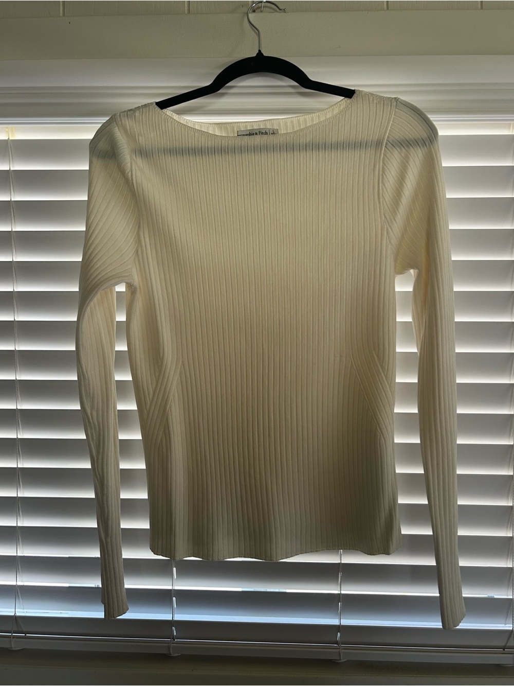 Abercrombie & Fitch Ivory Boat Neck Ribbed Long-Sleeve Top